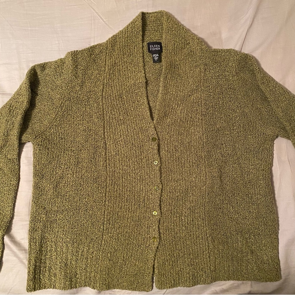 Eileen Fisher Green Cardigan Sweater with Textured Knit
